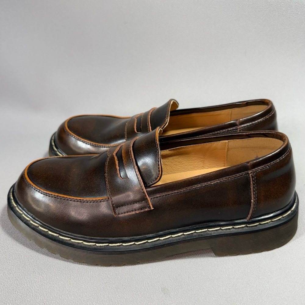 MZDL Meizudongli Brown Leather Handmade Chunky Penny Loafers NWOT - Picture 2 of 14